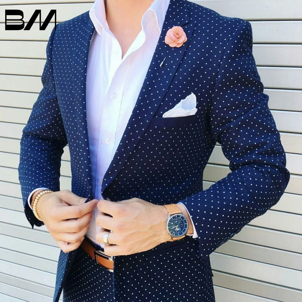 Elegant Dark Blue Dot Men's Suit Peaked Lapel Blazers Wedding Male Tuxedos One Button Slim Fit Wear 2 Pieces Prom Jacket Pants