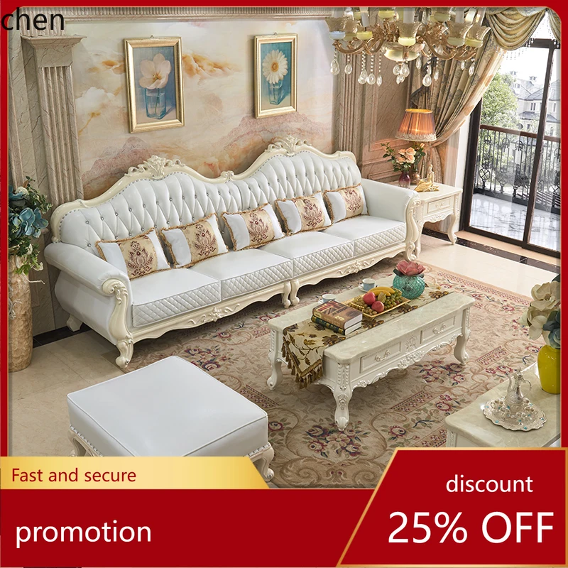 HT Genuine Leather Sofa Solid Wood Carved Four-Seater Straight Sofa Top Layer Cowhide Living Room Furniture