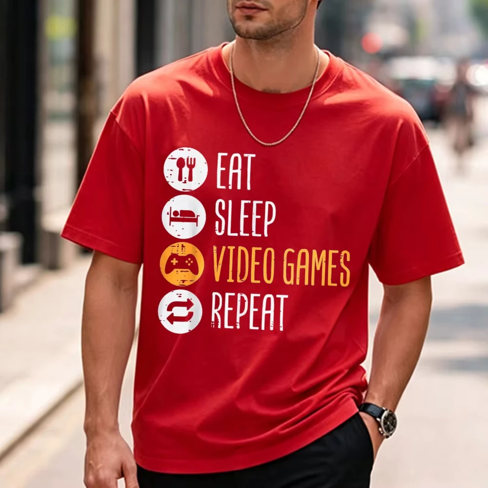 Eat Sleep Video Games Repeat Gaming Gamer Men Boys Teen T-Shirt Funny Outdoors Summer High Quality Cotton Short-sleev Tees Top