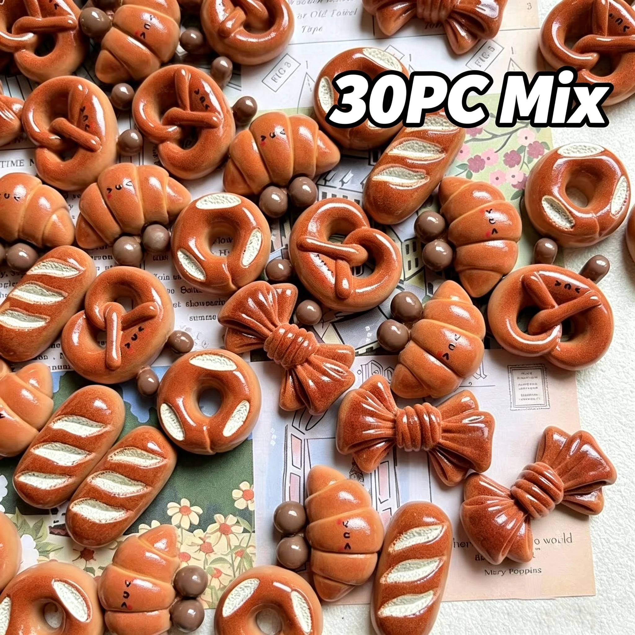 30 Stück Realistische Niedliche Alkaline-Brot-Baguette-Spielzeuge DIY Creme-Knetmasse Harz-Zubehör Haarspangen-Blumen-Schnallen-Materialien Dekoration