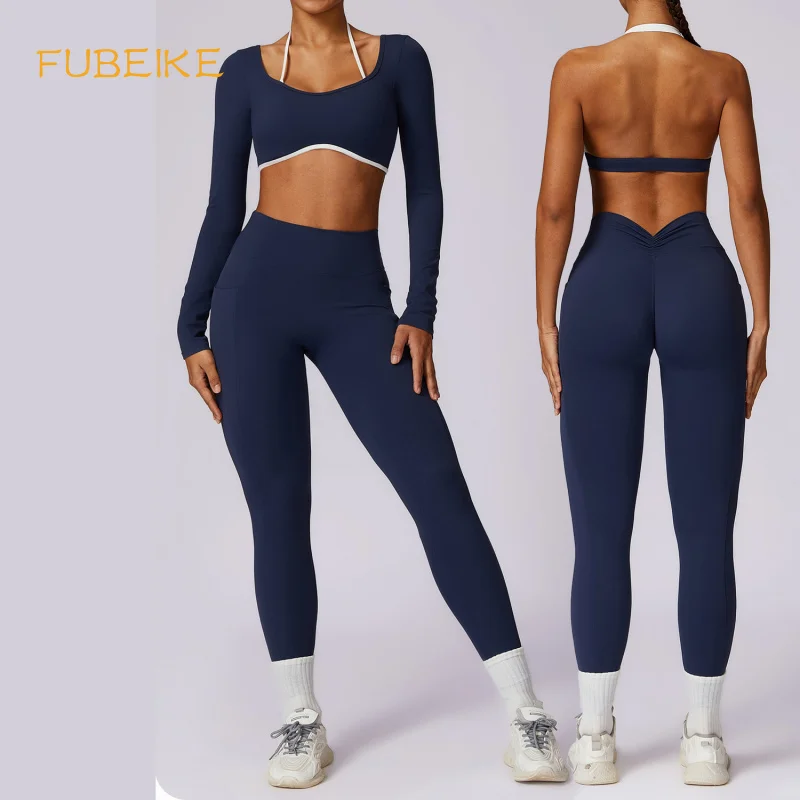 

FUBEIKE 2 Pcs Set Spring Fashion Contrast Color Seamless Beauty Back Yoga Clothes One Shoulder Bra Sports Shorts Leggings Suits