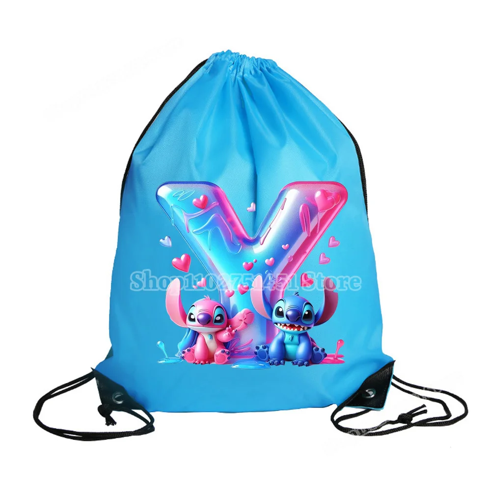 Disney Stitch Letter A-Z Print Drawstring Backpack Polyester Fiber Draw String Bags Men Women Gym Sport Mochila Portable Pouch