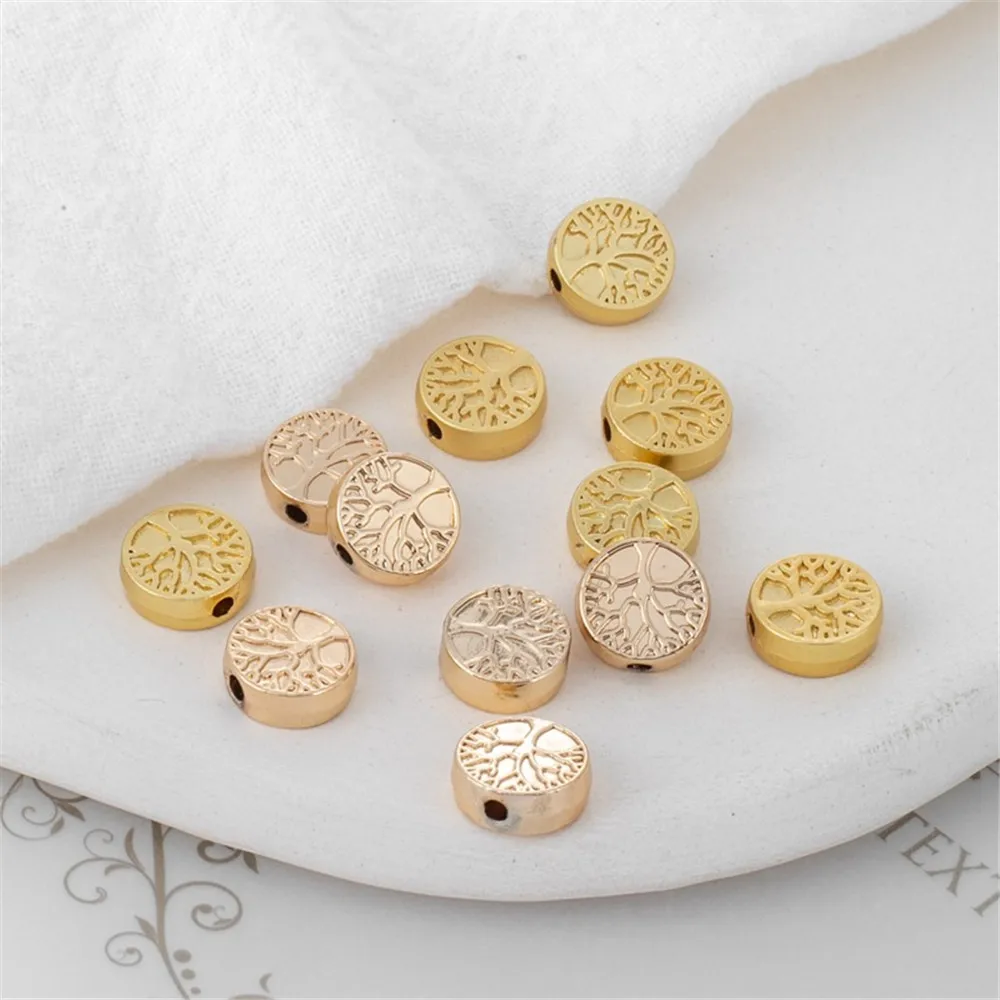 

14K Gold-coated Color-Changing Round Cake Beads, Tree of Life Texture, DIY Handmade Jewelry Accessories, Through Hole, 3x9mm