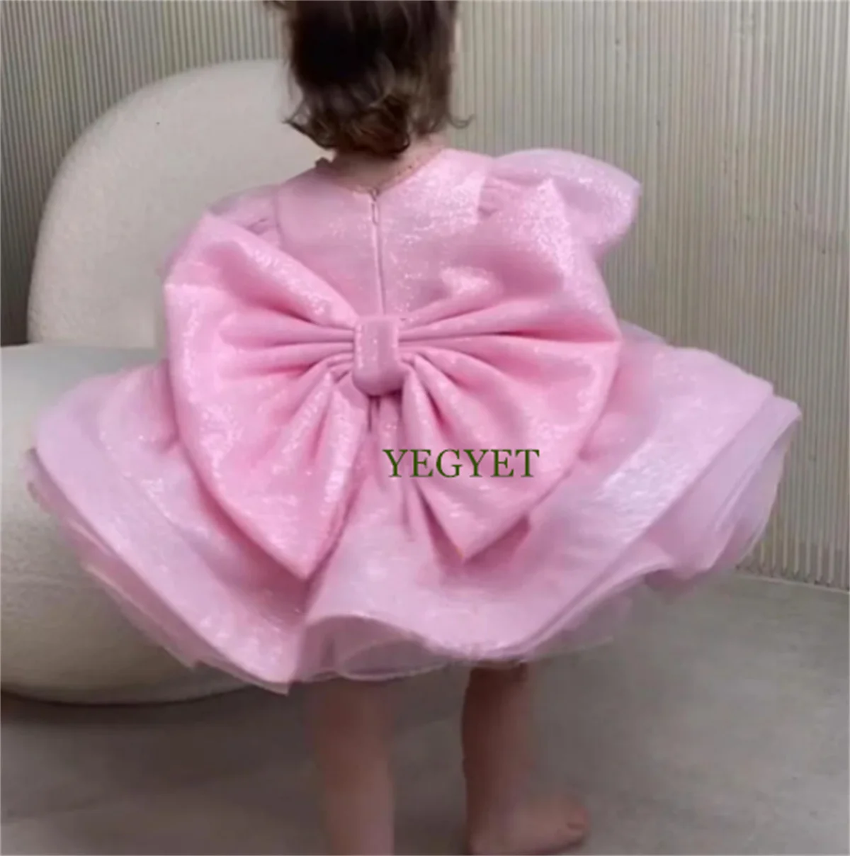 Pink Puffy Flower Girl Dress Princess Ball Gown with Big Bow Baby Girl Birthday Party Gown Glitter First Communion Dress