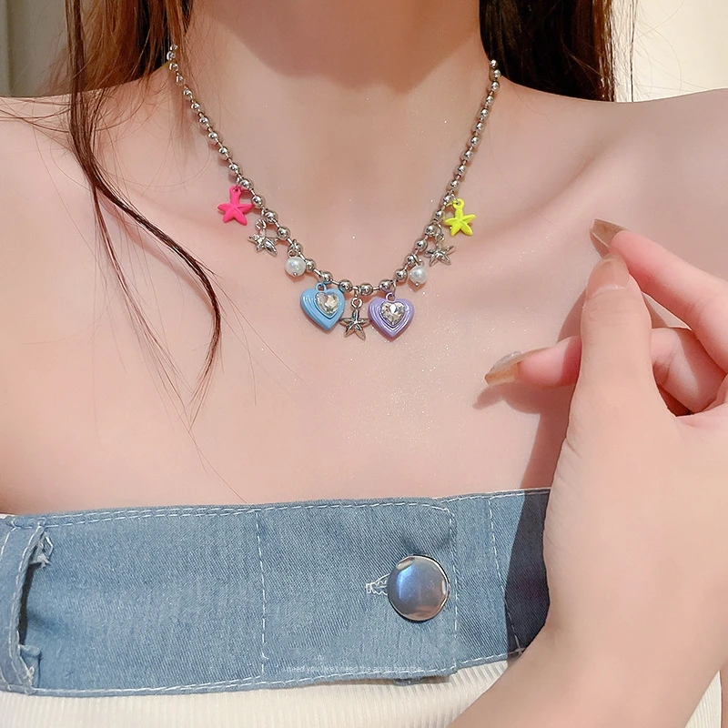 Korean Fashion Colorful Star Pearl Love Crystal Pendant Necklace for women Aesthetic Jewelry Beaded Necklace Clavicle Chain Y2K