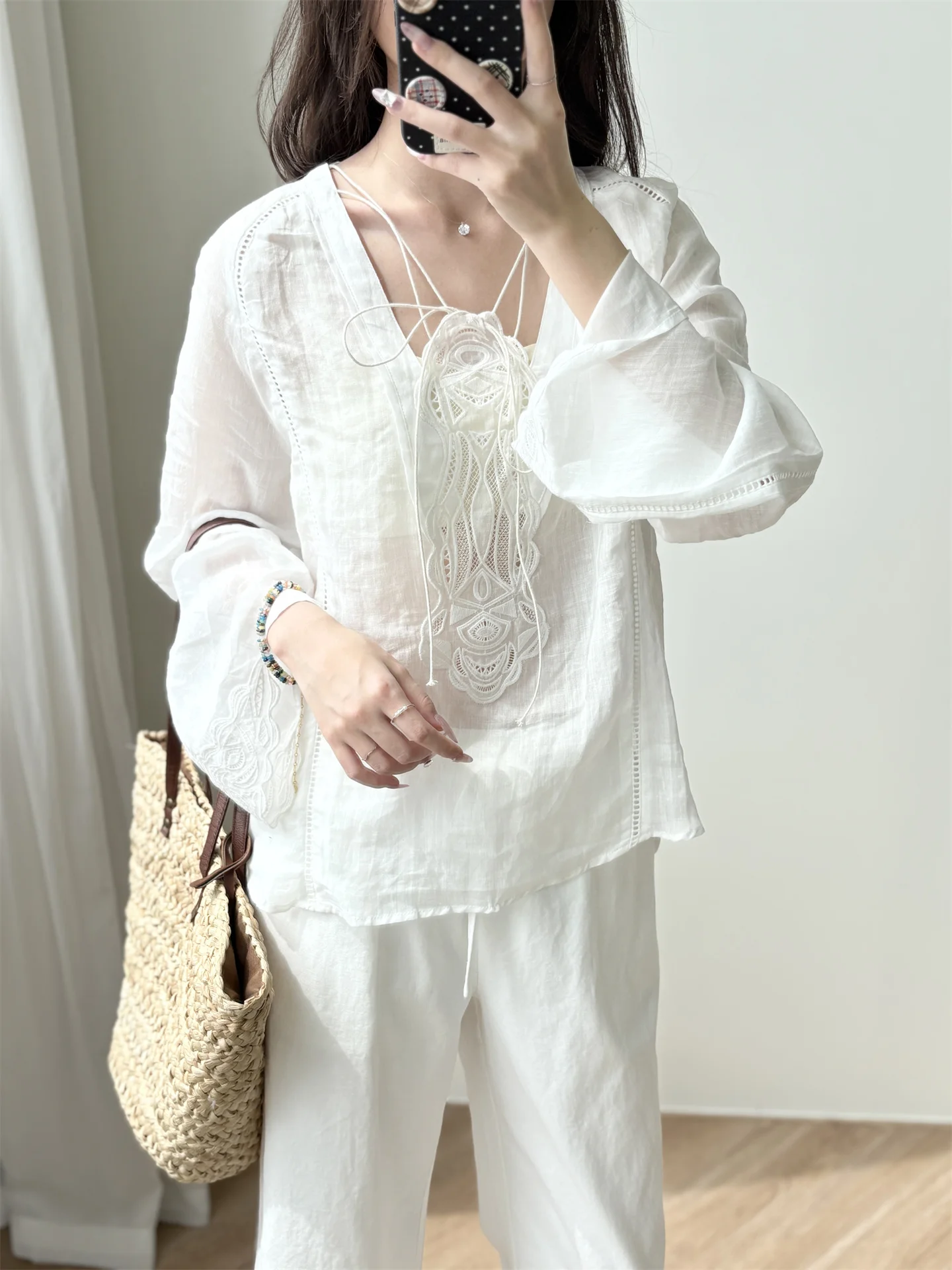 Laid-ba Vaion Sle Long Sve 刺繍入りリネン中空ベルト付きirt レディーストップス カジュアル ルーズフィット レギュラー丈