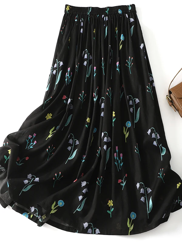 2025年夏 ソフトで薄いAラインミディスカート カスタム染色精密紡績綿 ミッドウエストフレアスカート 花柄