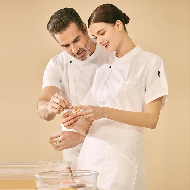 Manteau de Chef pour femmes, manches courtes, pâtisserie, Dessert, magasin de gâteaux, boulanger, veste de cuisinier blanche