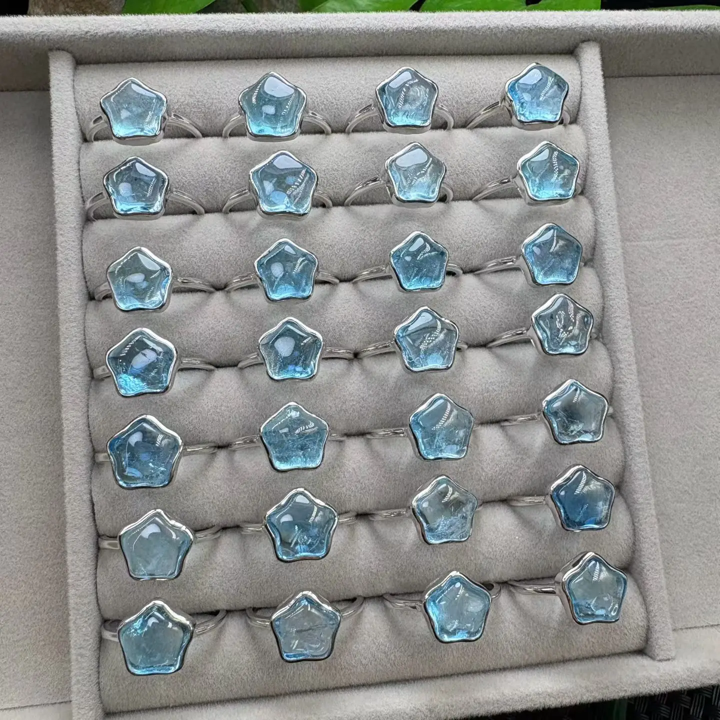 1 Pc Fengbaowu Natural Blue Topaz Star Ring Blue Topaz Moon Ring 11-12MM 925 Sterling Silver Reiki Healing Stone Jewelry Gift