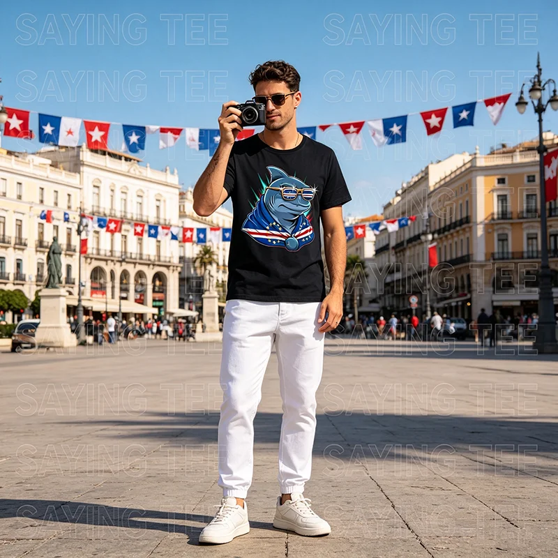 Kap Verde Flagge Hai Kapverdischer Stammes-Versuchung Kabelverde T-Shirt Y2K Reise Outdoor-Kleidung für Damen Herren Baumwolle Kurzarm-Outfit – Detail 4