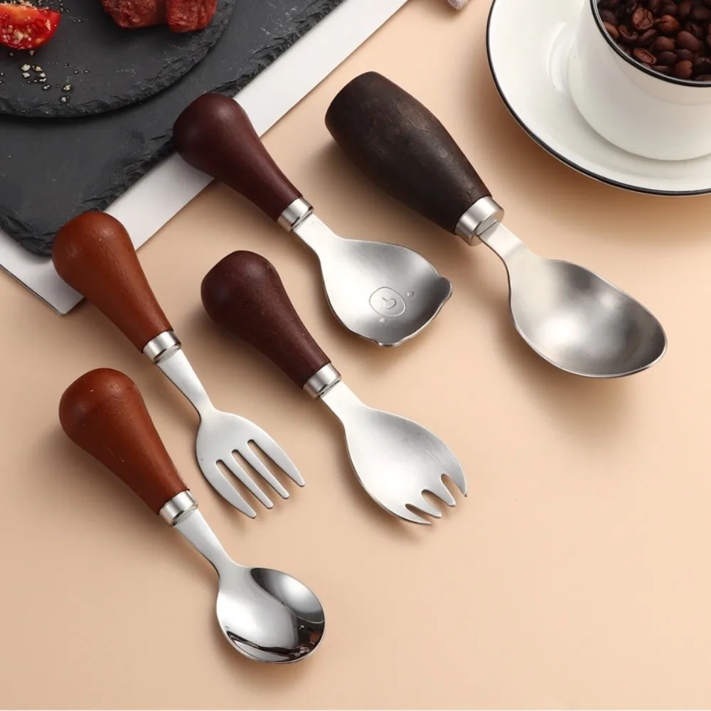 New Standing Wooden Handle Spoon 304 Stainless Steel 3D Bear Shape Wood Handle Fork Round Bottom Dessert Spoon Kitchen Tool