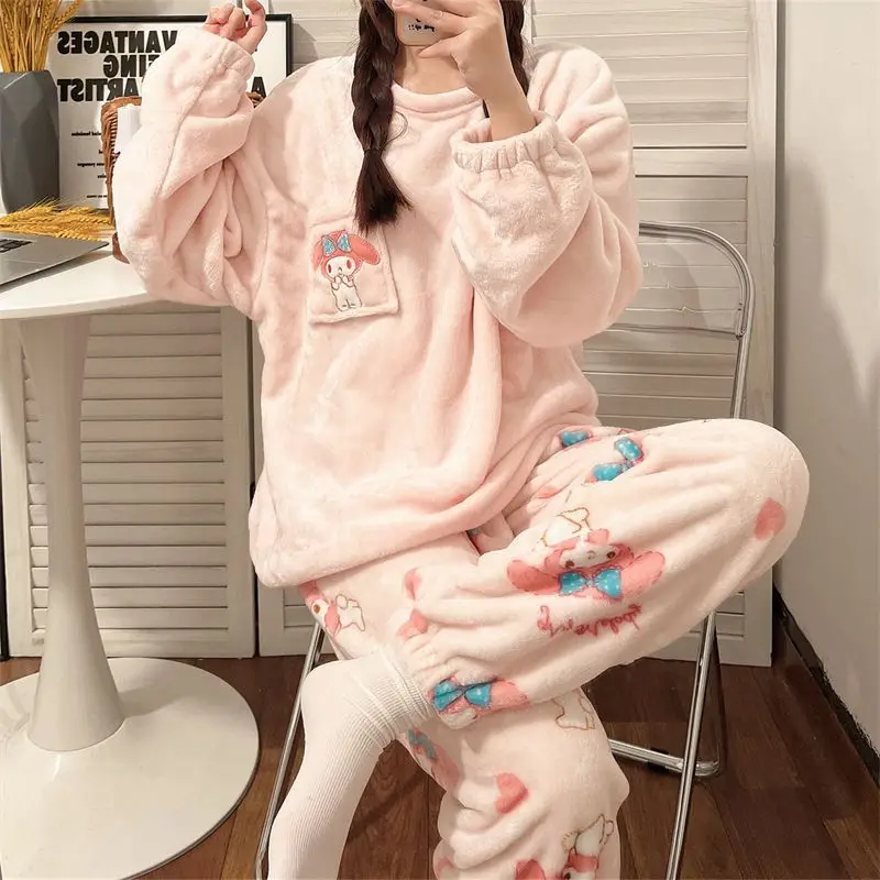 Sanrio Girl Coral Fleece Round Neck Winter Thickening Pajama Set Kawaii My Melody Comic Fashion Student Keep Warm Leisure Wear