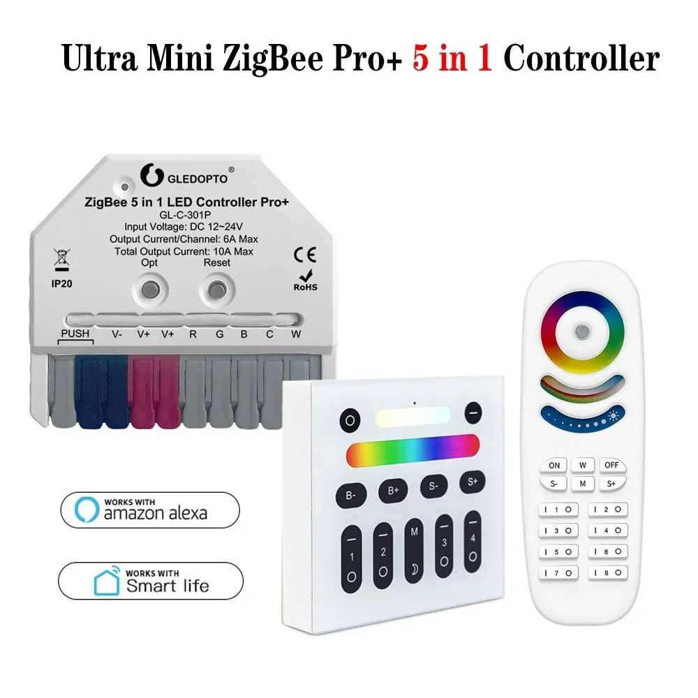 

GLEDOPTO ZigBee3.0 Pro+ Ultra Mini 5 in 1 LED Strip Controller DC12V-24V 10A Max Use For RGBCCT/RGBW/RGB/CCT/Dimmer