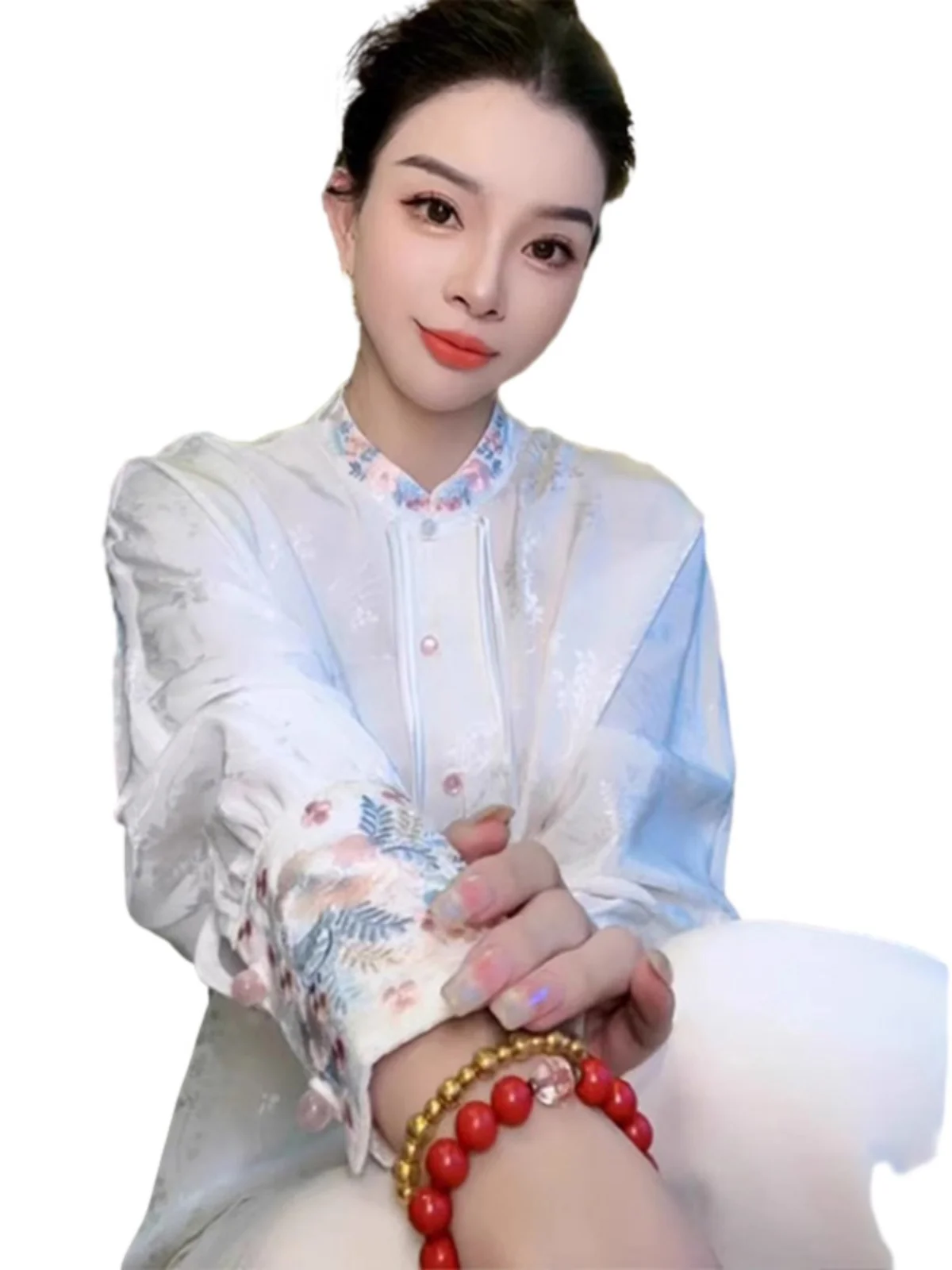 Ele White مطرزة الوقوف طوق irt المرأة ربيع الخريف عالية Faion ريترو Zen Sle زر حتى الصينية التقليدية... #5