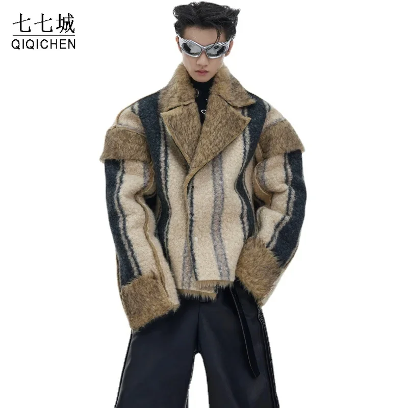 

Vintage Faux Fur Jacket Men Winter Two Sides Wear Large Lapel Warm Jackets High Street Contrast Color Oversized Coat Streetwear