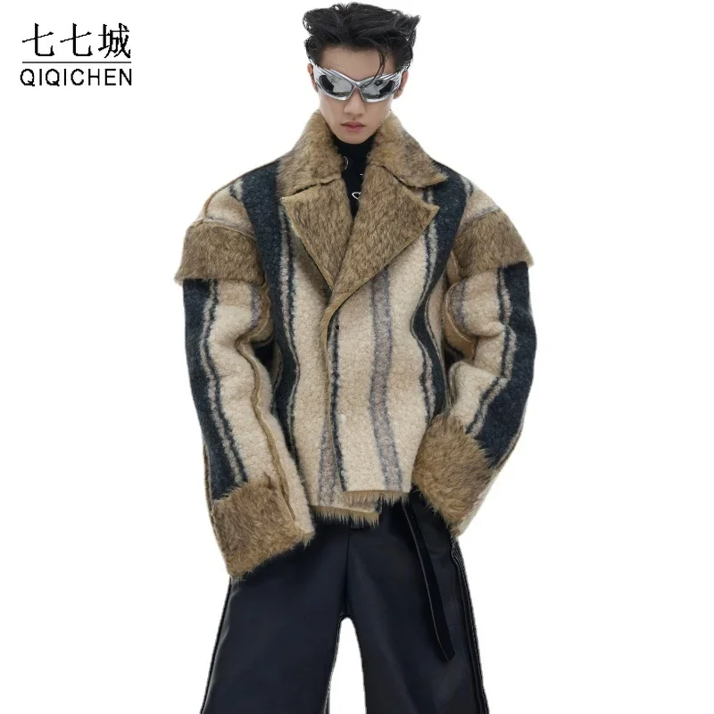 Vintage Faux Fur Jacket Men Winter Two Sides Wear Large Lapel Warm Jackets High Street Contrast Color Oversized Coat Streetwear