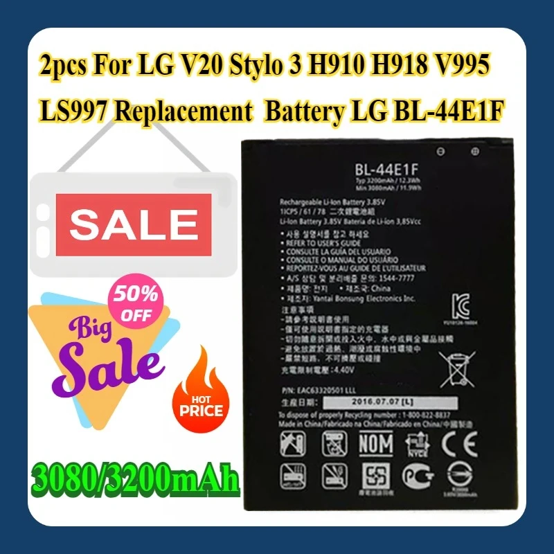 

2pcs For LG V20 Stylo 3 H910 H918 V995 LS997 Replacement Battery LG BL-44E1F