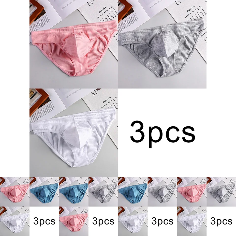 3PCS Men Cotton Underwear Threaded Briefs U Convex Pouch Low-Waist Breathable Underpants Sports Solid Color Briefs
