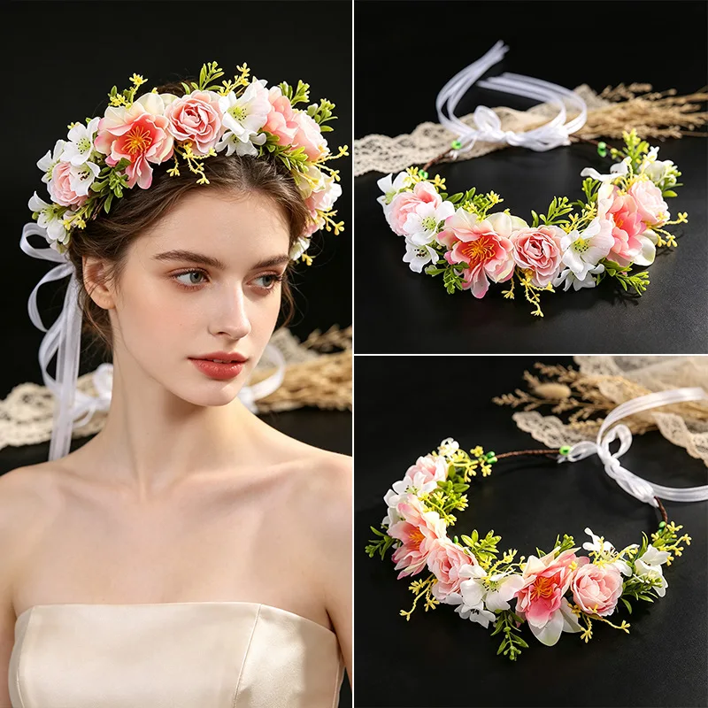 Pastoral Style Pink Mix Flower Headband Long White Veil Ribbon Design Lawn Wedding Hairband for Women Girls