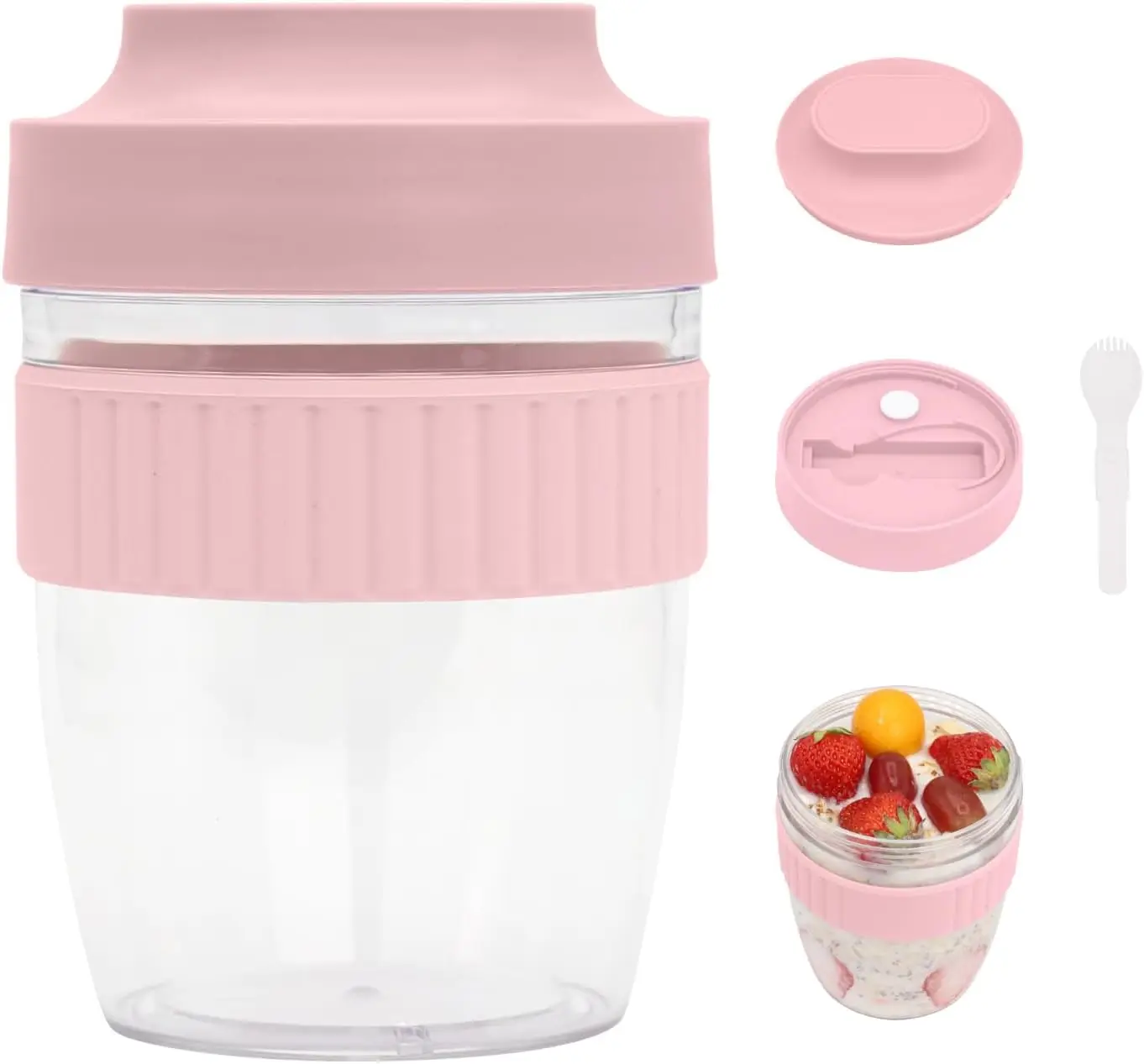 Breakfast On The Go Cups with Lid and Folding Spoon, 20 oz Pink Overnight Oats Containers for Lunch, Yogurt Parfait Salad Jars