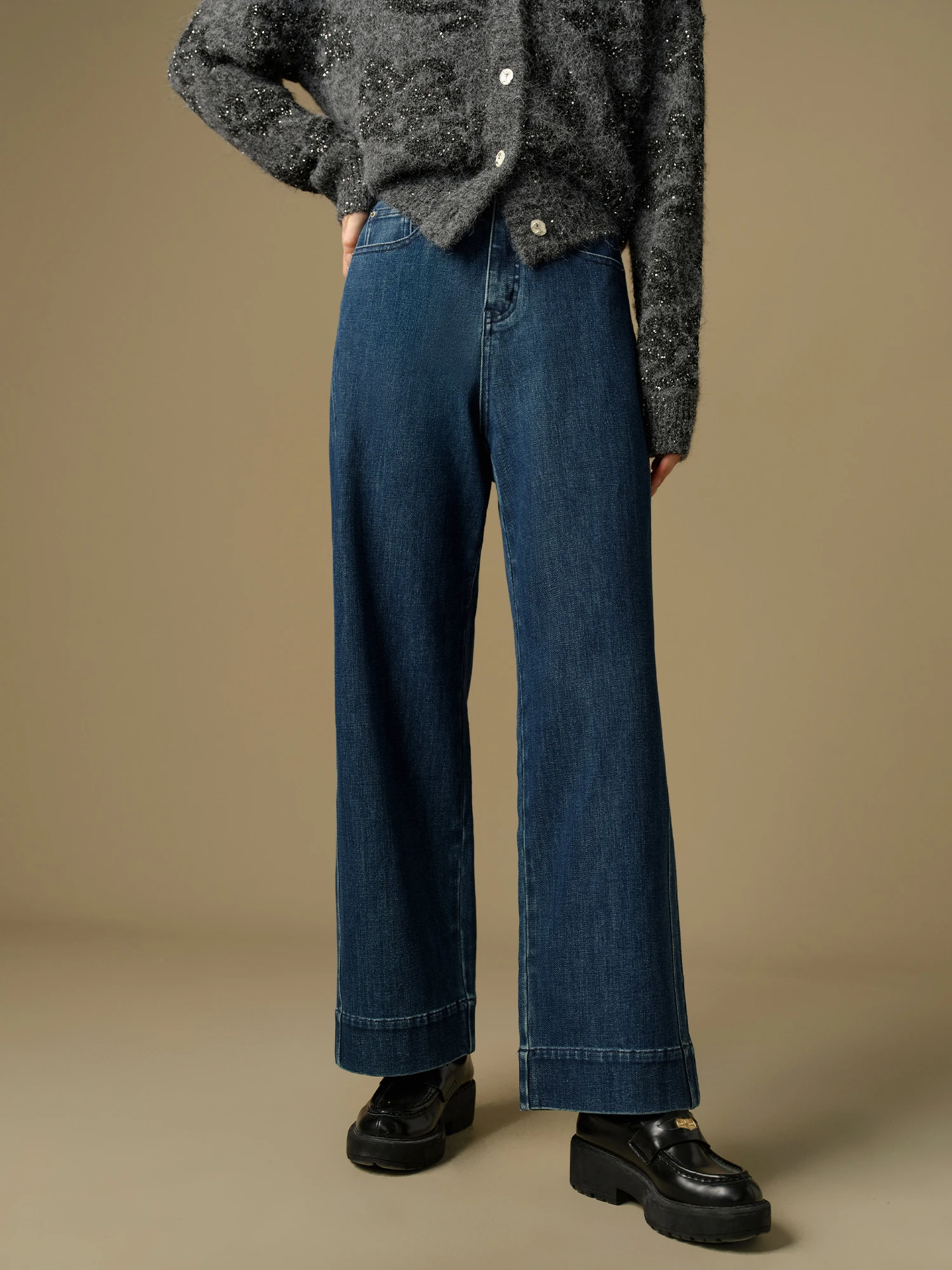 

DUSHU【2 Length】Women Winter Thicken Jeans Cotton Elastic Full Length Female Retro Dark Denim Blue Pants 24DS84166+24DS84171