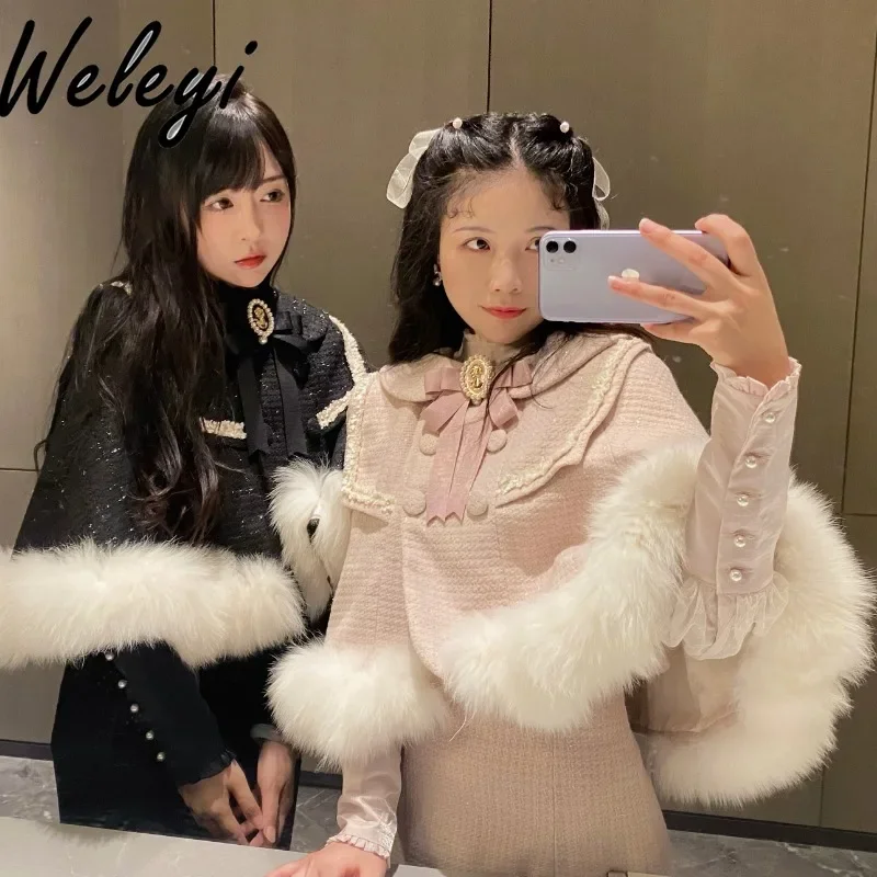 

Lolita Sweet Fox Fur Cape Coat for Women 2024 Autumn and Winter New Luxury Cloak with Elegant Woman Long Fishtail Skirt Sets