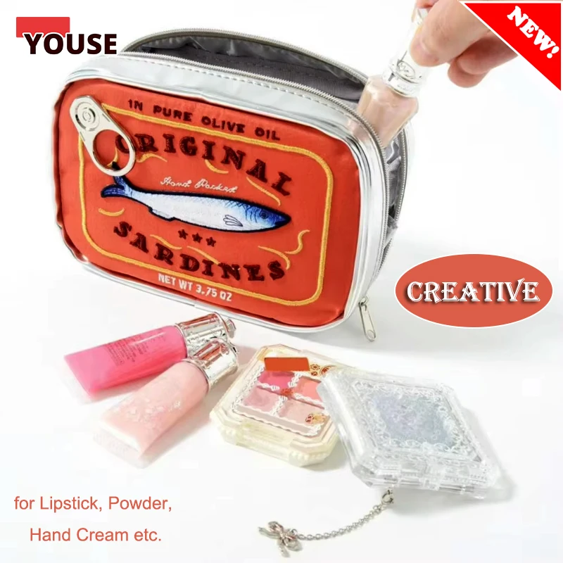 Creative Sardine Can Cosmetic Bag for Lipstick, Powder, Hand Cream | Funny PU Waterproof Makeup Bag Travel Portable Zipper Bag