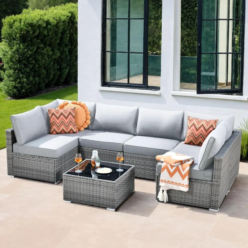 

7 Pieces Patio Coversation Set, Outdoor Furniture Modular Couch with Coffee Table, Rattan Wicker Sectional Sofa for Porch Balcon