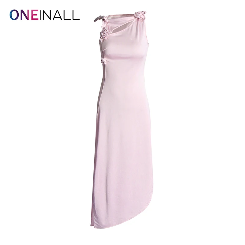 

ONEINALL Patchwork Appliques Hollow Out Dress For Women Round Neck Sleeveless High Waist Irregular Hem Solid Slim Dresses Female