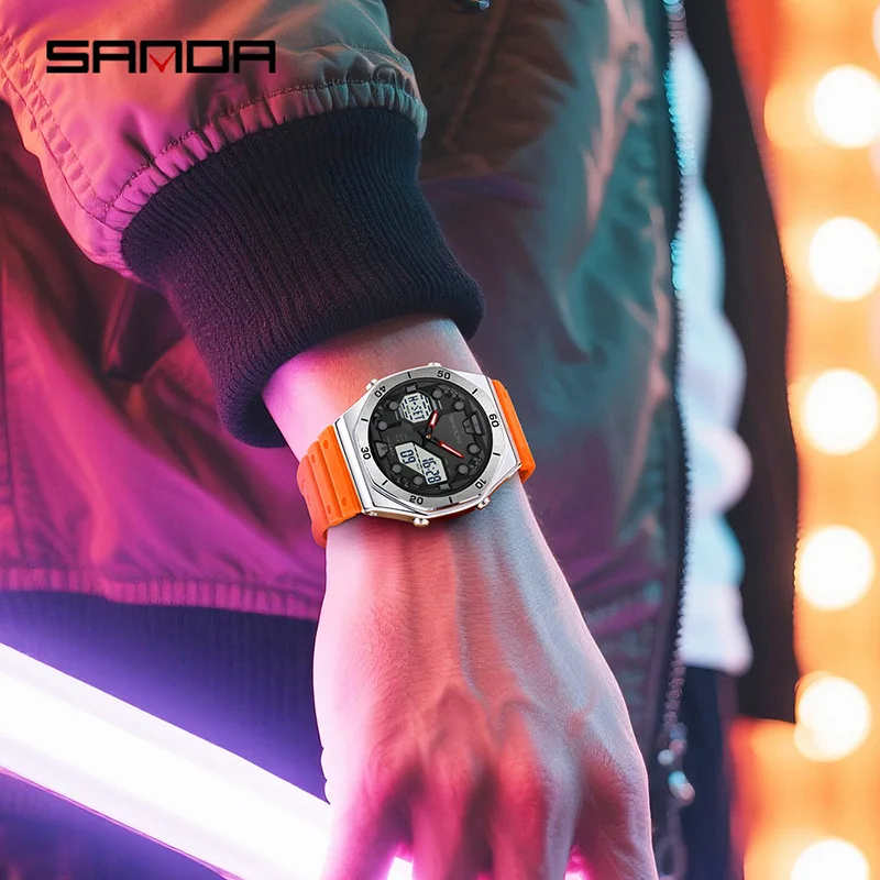 SANDA6306 New Korean Edition Electronic Watch, Men's Double Movement, Night Light Countdown, 28 Time Zones, 4 Alarm Clock Sets