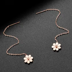 Stainless Steel Earrings with Chain Punk Flower Ear Line Rose Gold Color Long Dangle Earring for Women Jewelry