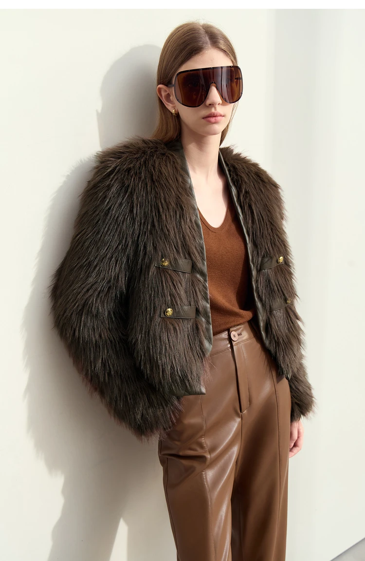 AMII 2026 Winter New Fur Jacket Solid Color Modern Warm Outerwear V-neck Imitation Fur Loose Spliced PU Top Female 12424012