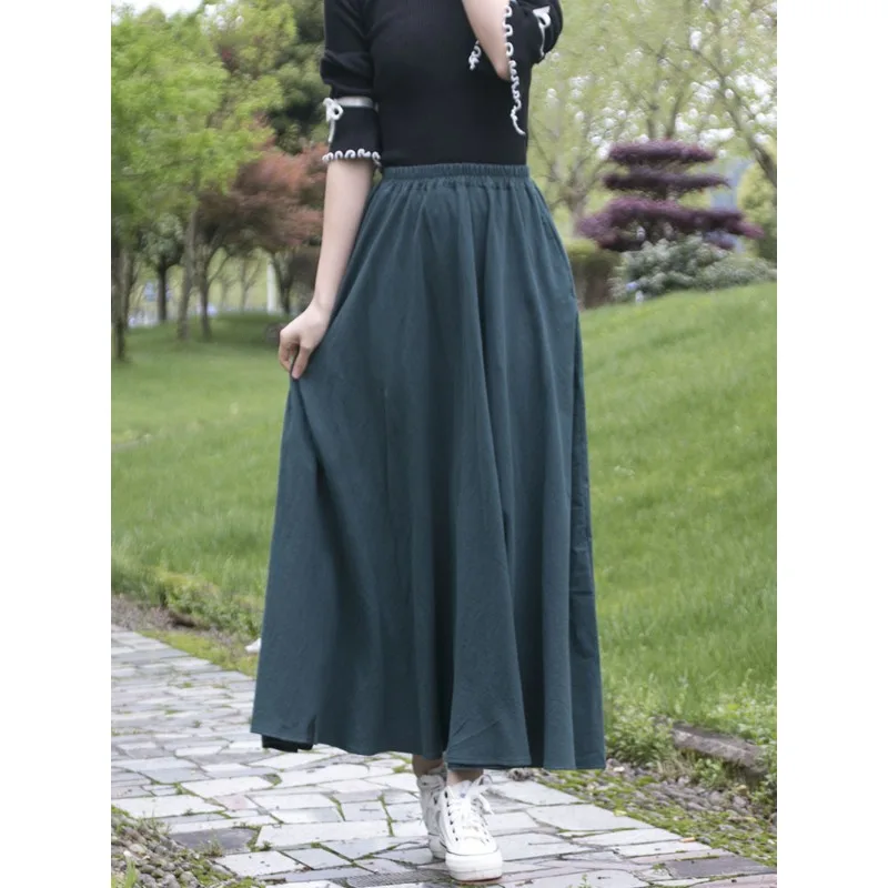 

2025Новая осенняя хлопково-льняная женская средневековая юбка, модная однотонная юбка в стиле ретро в стиле Ид, свободная женская длинная юбка для отдыха