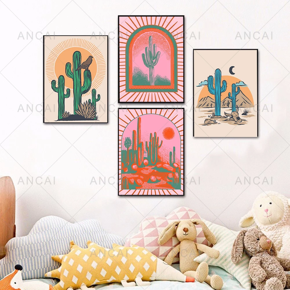 Abstract Landscape Desert Cactus Art Posters Canvas Painting Western Boho Prints Horseshoe Nordic Wall Pictures Home Decor