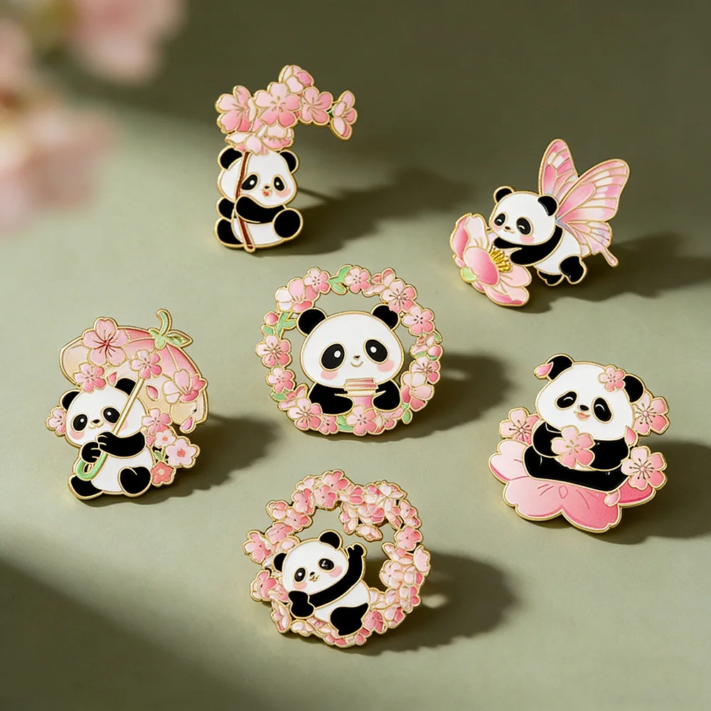 6 Pieces Cherry Blossom Panda Brooch Cherry Blossom Festival Tourist Souvenir Cartoon Animal Badge Daily Wear