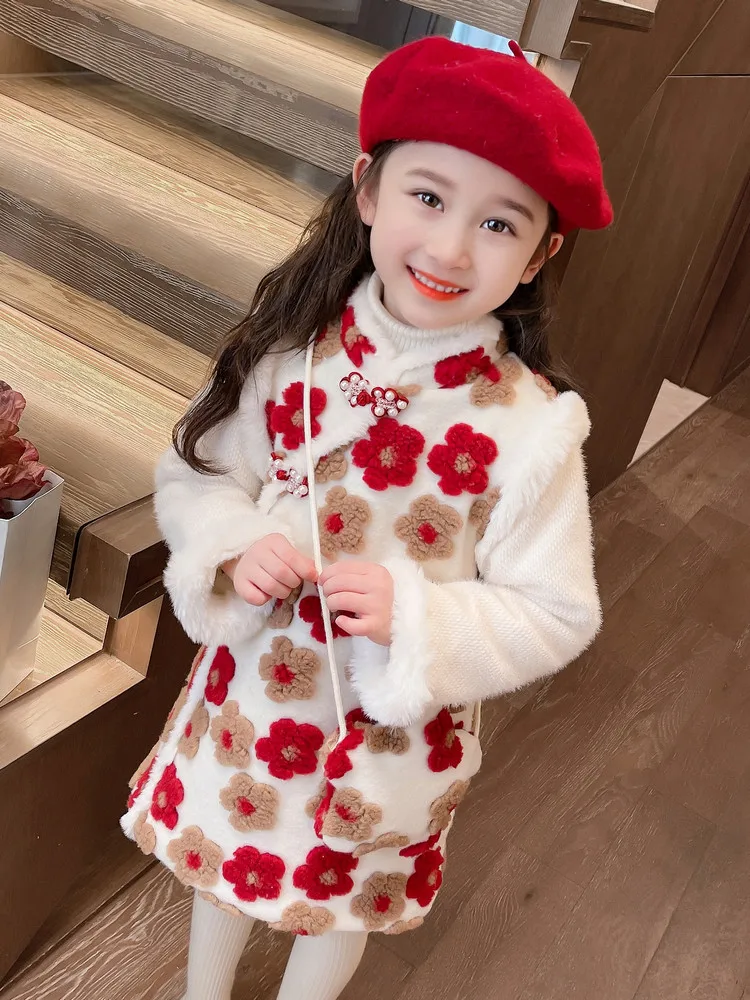 Little Girls' New Year Dress 2023 Year's Greeting Plucked Autumn And Winter Qipao Skirt Chinese Style Hanfu Plush Collar Cheongs