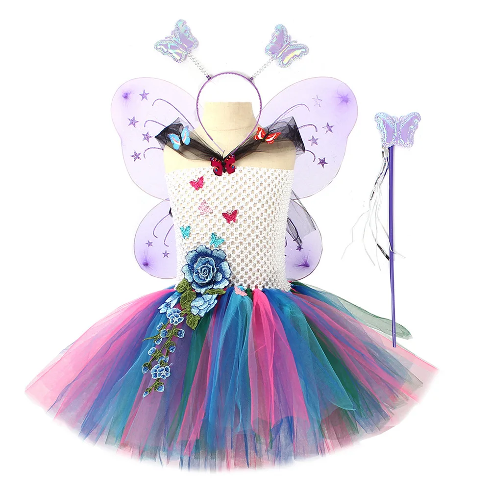 Butterfly Floral Tulle Tutu Outfit Mesh Princess Dress Set Floral Printed Flowy Skirt With Decorative Wings For Birthday Wear