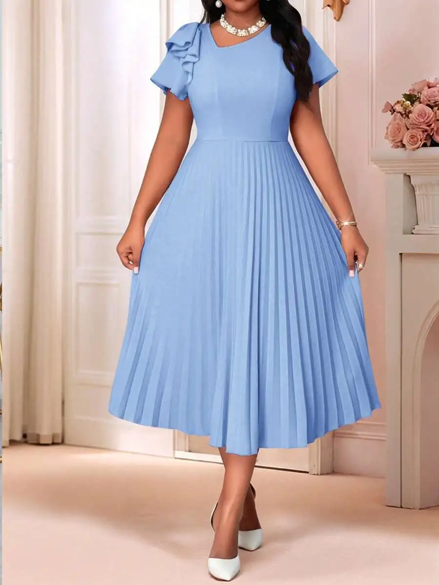 

Elegant Blue Pleated Midi Dress With Flounce Sleeve Casual Boho Style