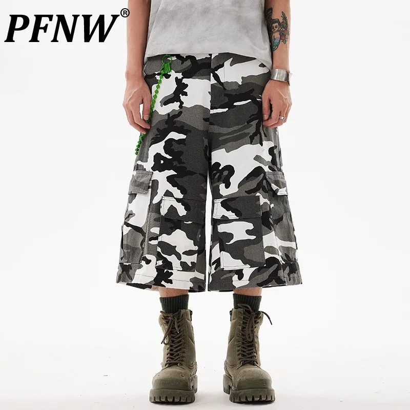 PFNW Multi Pocket Camouflage Male Cargo Short Pants Street American Style Loose Vintage Wide Leg Bottom Autumn Fashion 28W4380