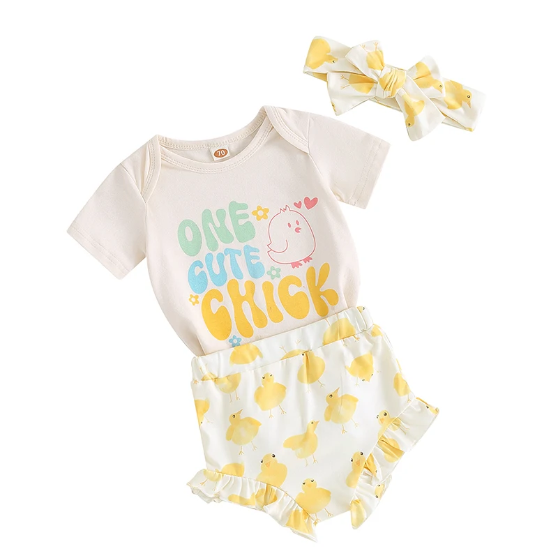 Newborn Baby Girl 3Pcs Summer Outfit Farm Cute Chick Letter Romper Bloomer Shorts Headband Photography Props Clothes