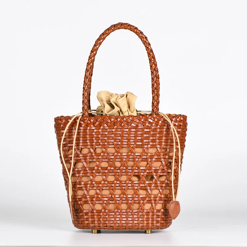 France Mini Handbag Women Genuine Cowhide Woven Art Hollow Bucket Beach Bag Summer Travelling Showing New Fashion