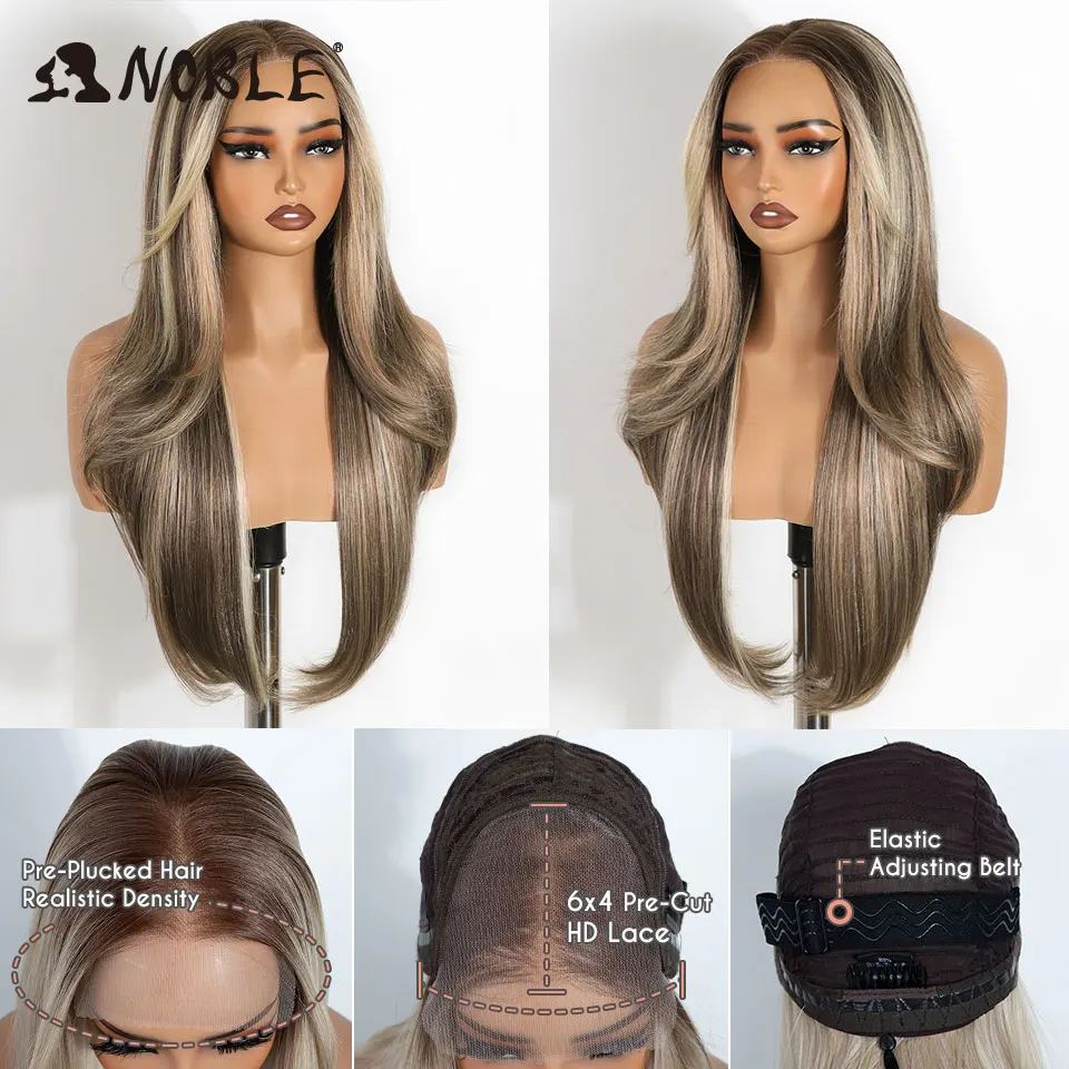 6X4, synthetische Perücken mit Spitze am Vorderteil, ohne Klebstoff, für Damen, vorgezupfte, gestufte, glatte Perücke, die man einfach aufsetzen und losgehen kann, Ombré-Weißblond, hitzebeständig. – Detail 4