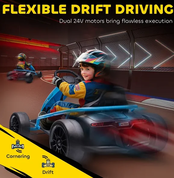 عربة الذهاب الكهربائية Aosom 24V لسيارة Drift Ride-On Racing Go Kart مع سرعتين، للأولاد والبنات من سن 8 إلى 12 سنة، أزرق