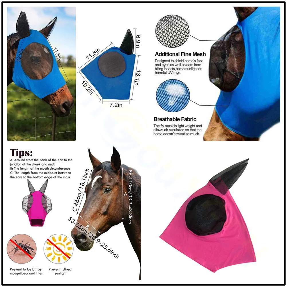 Horse Face Shields Anti Fly Masks Anti Mosquito Elastic Mesh Breathable Horse Head Cover Hood Horse Riding Equestrian Equipment