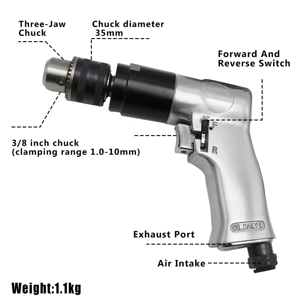 High-speed 3/8'' Professional Air Drill Pneumatic Drill Reversible Rotation Tool For Drilling On Walls, Floors, Iron Plate Etc