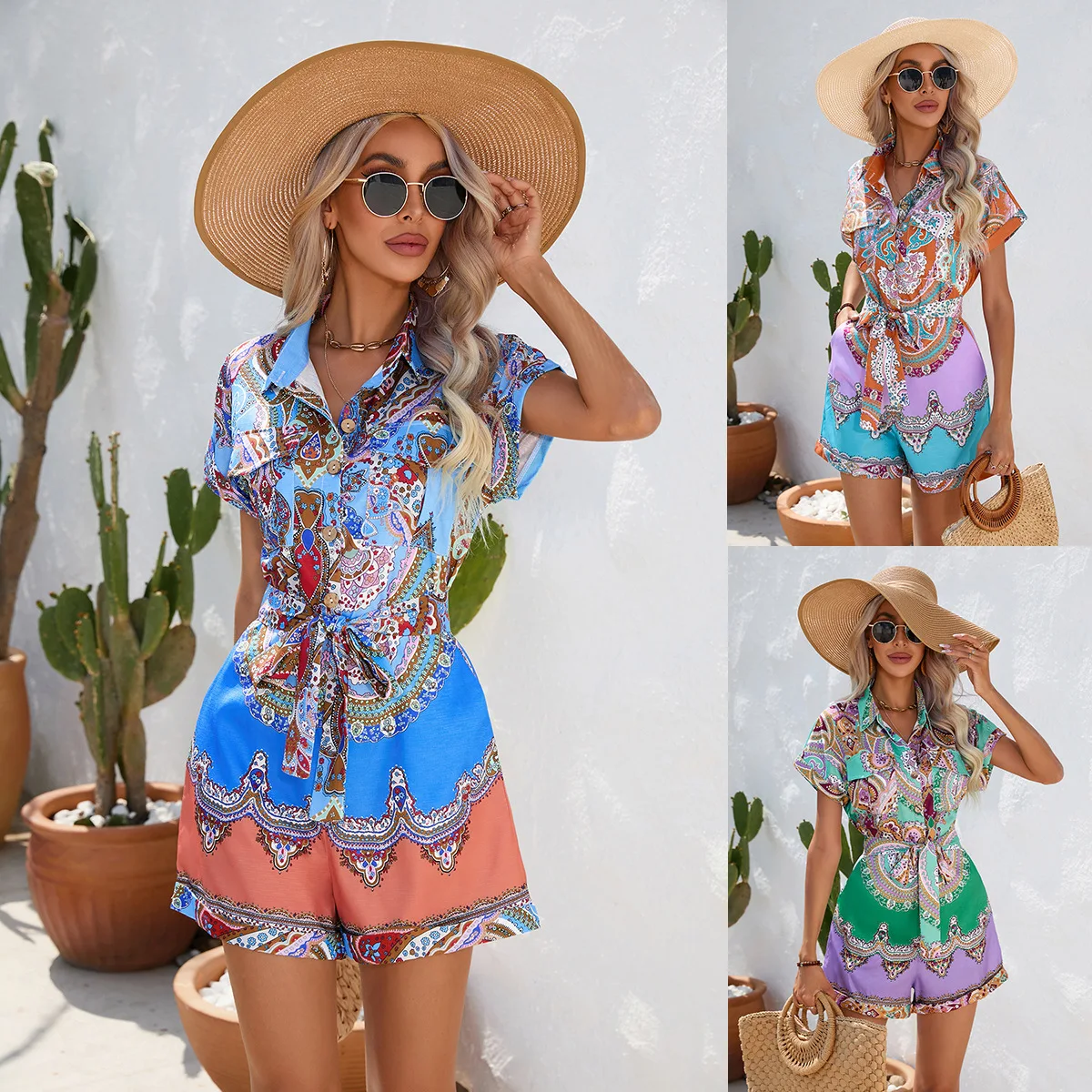 2024 Jumpsuit Summer Woman Ethnic Style Print Short Sleeve Jumpsuits Elegant Lace Up Playsuits Casual Shirt Button Up Rompers