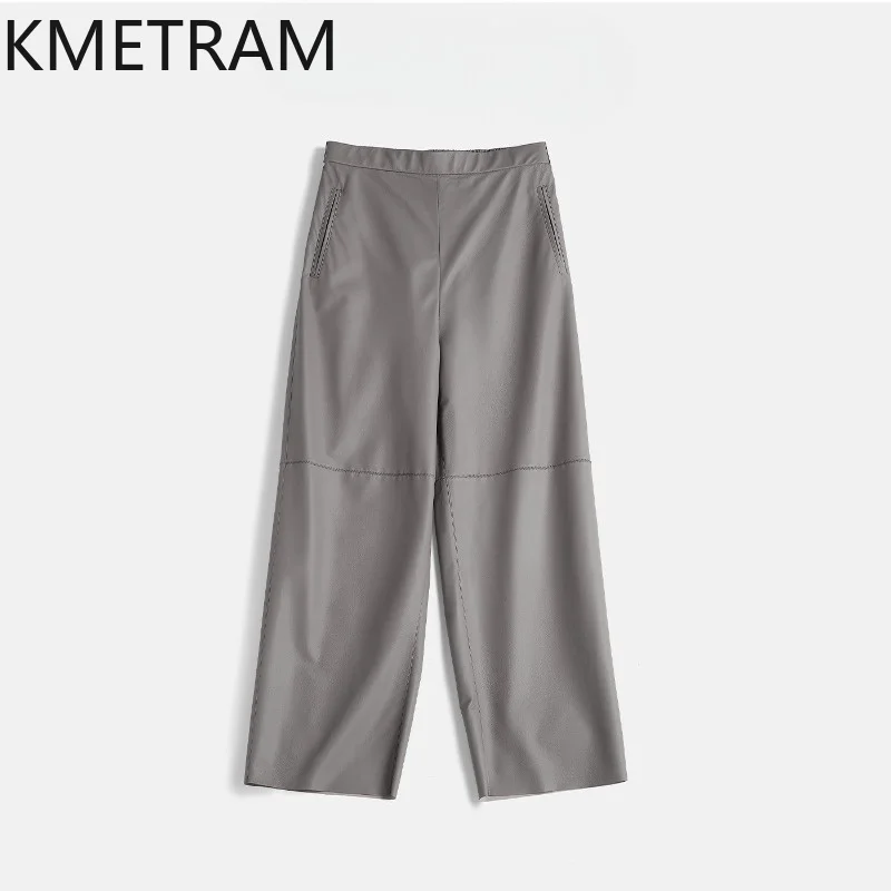 KMETRAM Ultra Thin Uncoated Sheepskin Genuine Leather Pants High Waist Trousers Autumn Winter Pants for Woman Long 96cm Штаны