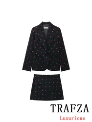 TRAFZA Vintage Casual Chic Print Women Suit Single Breasted Button Blazer Pocket Mini Skirt New Fashion 2024 Autumn Winter Suit