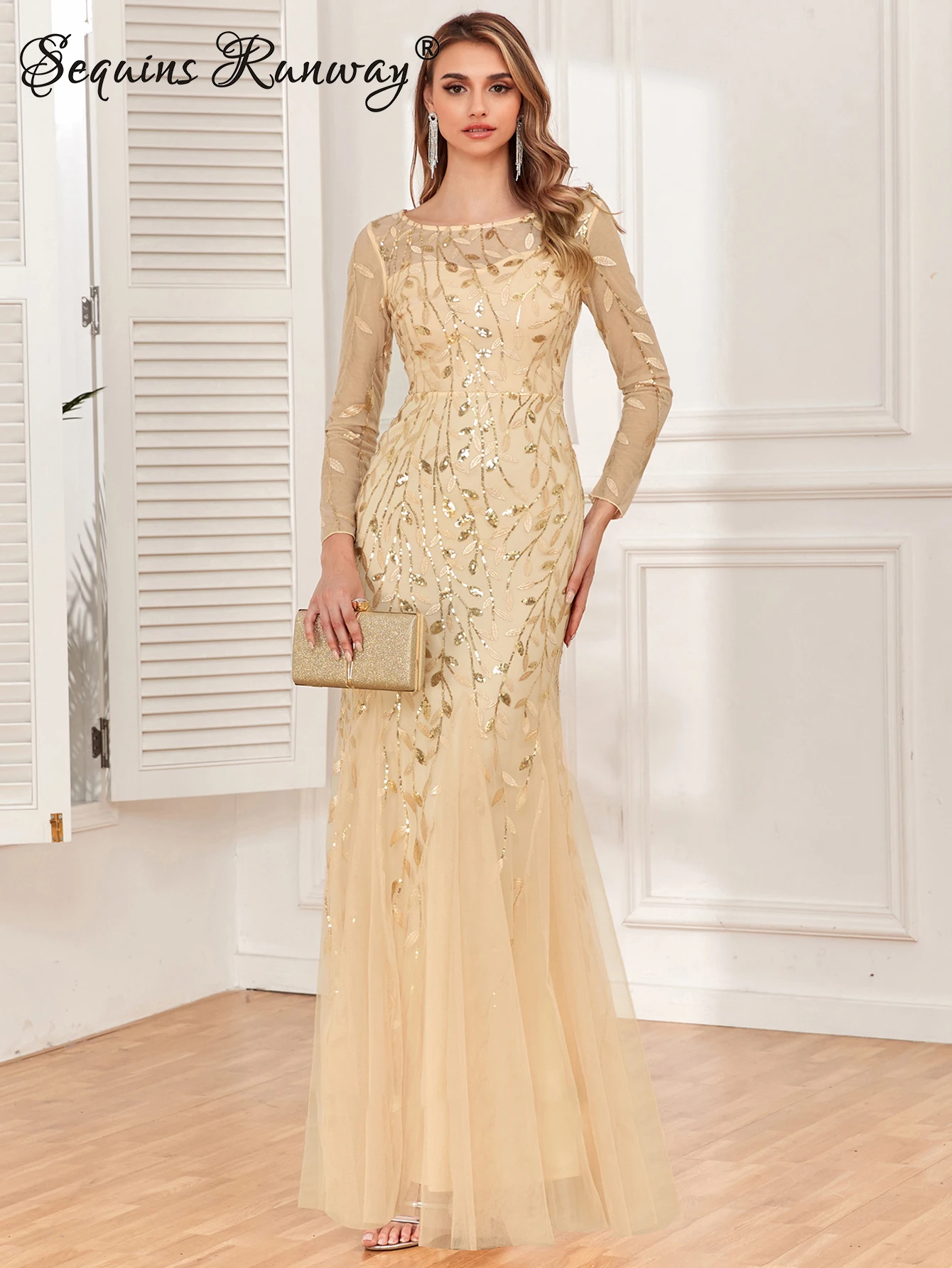 Sexy Vintage Maxi Sequin Cocktail Jurk Bruidsmeisje Prom Jurken Voor Vrouwen Casual Party Lange Mouwen Club Bodycon Jurk Vestidos