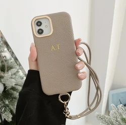 Personalized Customized engraved name letter Leather Phone Case for iPhone17 16Promax 12 13 14 15ProMax Crossbody Lanyard Cover